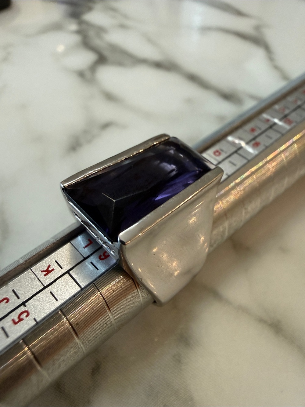 Sterling silver modernist ring with rectangular amethyst, size 6.5-7
